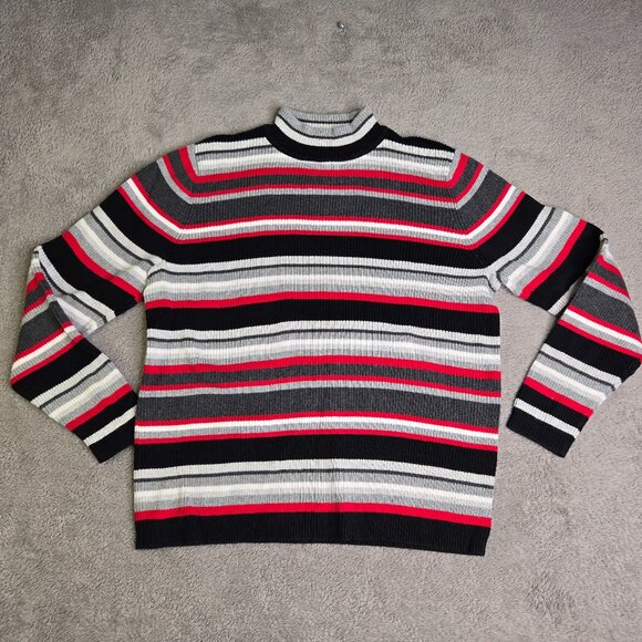 Karen Scott Petite Womens Large Turtleneck Long Sleeve Sweater Striped Black Red - Picture 1 of 5